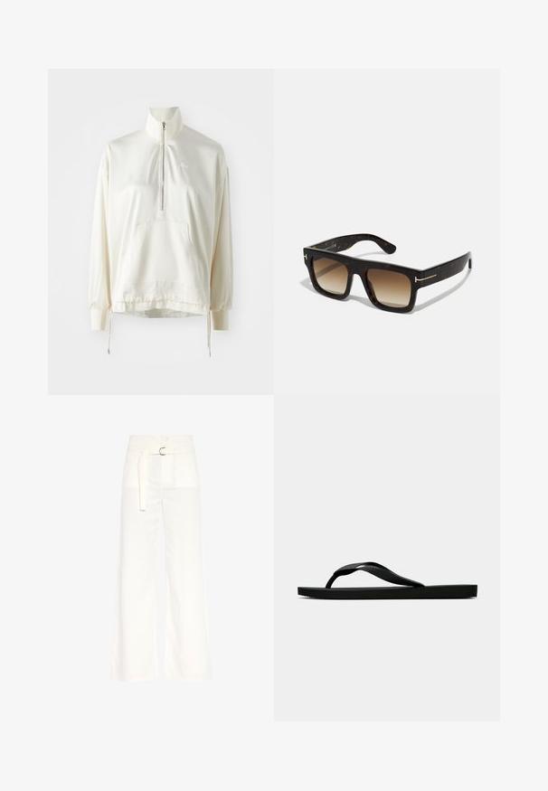 Pullover a zip a un quarto in crema chiaro con tasca frontale, orlo con coulisse e logo ricamato dello stesso colore sul petto. Tessuto dalla consistenza morbida.; Pantaloni bianchi a gamba larga in cotone. Presentano una vita alta, una cintura con fibbia argentata e due tasche frontali con una superficie liscia.; Infradito in gomma nera con cinturino testurizzato e suola piatta semplice, mostrati di lato su uno sfondo chiaro e uniforme.; Occhiali da sole tartarugati con montatura quadrata, lenti marroni sfumate e sottili dettagli in oro sugli steli.; Borsa a spalla in suede marrone con due manici morbidi, una tracolla verticale con un accento in argento e una parte superiore larga e aperta. Texture liscia, design minimalista.
