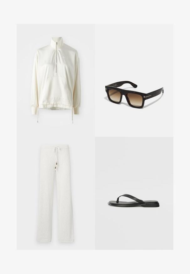 Helle Creme Quarter-Zip-Pullover mit einer Fronttasche, Zugband am Saum und besticktem Logo in passender Farbe auf der Brust. Weicher Stoff.; Weiß gestrickte Lounge-Hosen mit einem strukturierten Muster, ausgestattet mit einem Kordelzugbund und zwei dekorativen Knöpfen auf der Vorderseite.; Schwarze Flip-Flops aus glattem Leder, mit einem dünnen Riemendesign und einer flachen Sohle mit minimalem Profil. Keine bemerkenswerten Muster oder Akzente.; Schildpatt-Sonnenbrille mit quadratischem Rahmen, braunen verlaufenden Gläsern und subtilen goldfarbenen Hardware-Details an den Bügeln.; Braune Wildleder-Tote mit zwei weichen Griffen, einem vertikalen Riemen mit silbernem Akzent und einem weiten, offenen oberen Bereich. Glatte Textur, minimalistisches Design.