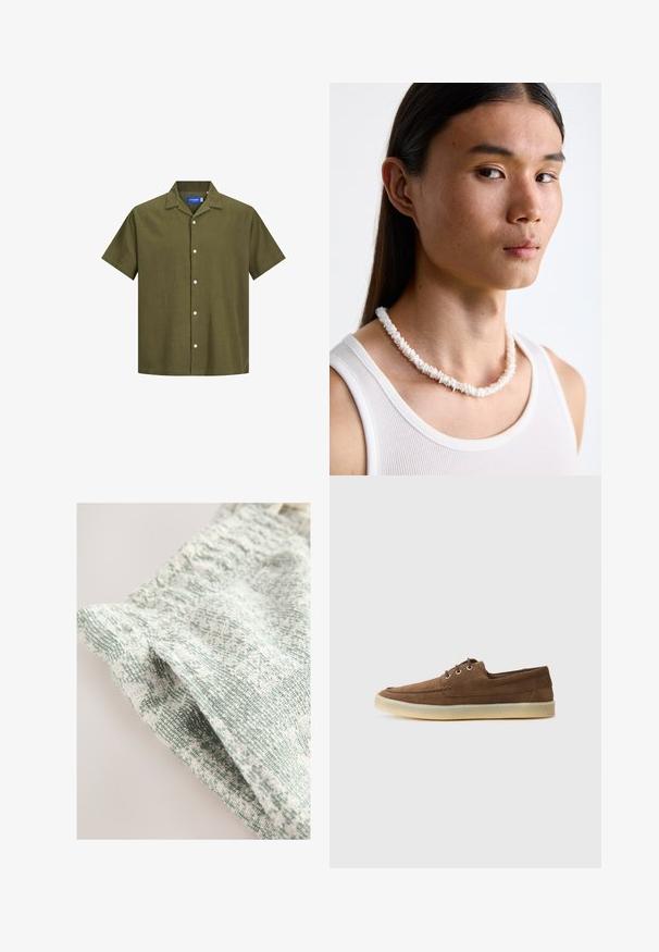 Camisa de manga corta verde oliva hecha de una tela texturizada, con un frente abotonado y un ribete negro que contrasta a lo largo del cuello y la tapeta.; Tejido texturizado con un diseño tejido en tonos de verde pálido y blanco. Presenta una sensación suave y ligera, con un patrón sutil.; Zapatos de ante marrón con un diseño de perfil bajo, con cordones, suela de goma y detalles de costura en contraste. Estilo simple y funcional.; Collar de conchas blancas compuesto por formas irregulares, usado sobre una camiseta ajustada blanca. Textura suave con un brillo sutil, diseño ceñido.