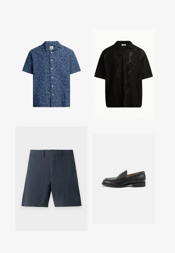 Košeľa s krátkym rukávom, zapínaná na gombíky, z textúrovaného tmavomodrého materiálu s jemným vzorom a klasickým golierom. Obsahuje biele gombíky pozdĺž prednej strany.; Čierne polo tričko s krátkym rukávom s textúrovaným abstraktným vzorom. Golier je plochý a jemne otvorený, čo umocňuje uvoľnený dizajn.; Tmavomodré šortky vyrobené z bavlneného zmesi, s gombíkovým zapínaním, bočnými vreckami a rovným strihom.; Čierne kožené mokasíny s hladkým povrchom, zaoblenou špičkou a dekoratívnym prešívaním na prednej časti. Nízky kokteilový opätok a jemný lesk.