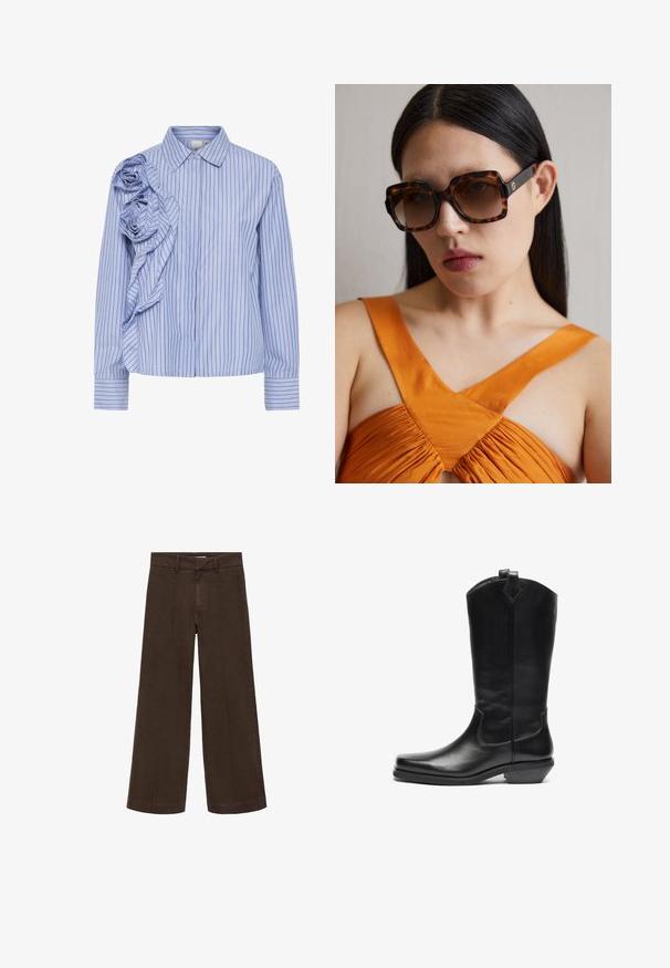 Chemise rayée bleue et blanche avec un design à volants, ornée de roses en tissu sur l'épaule gauche et un bouton sur le devant. Manches longues.; Pantalons larges marron en tissu coton. Présentent une taille haute, une braguette zippée et des détails de couture subtils à l'avant. Pas de poches visibles.; Bottine cowboy en cuir noir mi-mollet avec un bout pointu, un talon incliné, une languette en haut et un minimalisme de broderies décoratives.; Lunettes de soleil oversized en écaille brune avec une large monture rectangulaire et des verres dégradés. Détail du logo doré sur le côté.; Sac à main en daim marron avec une longue sangle en cuir, des garnitures en argent, une forme rectangulaire et un rabat plat comportant un embellissement central.