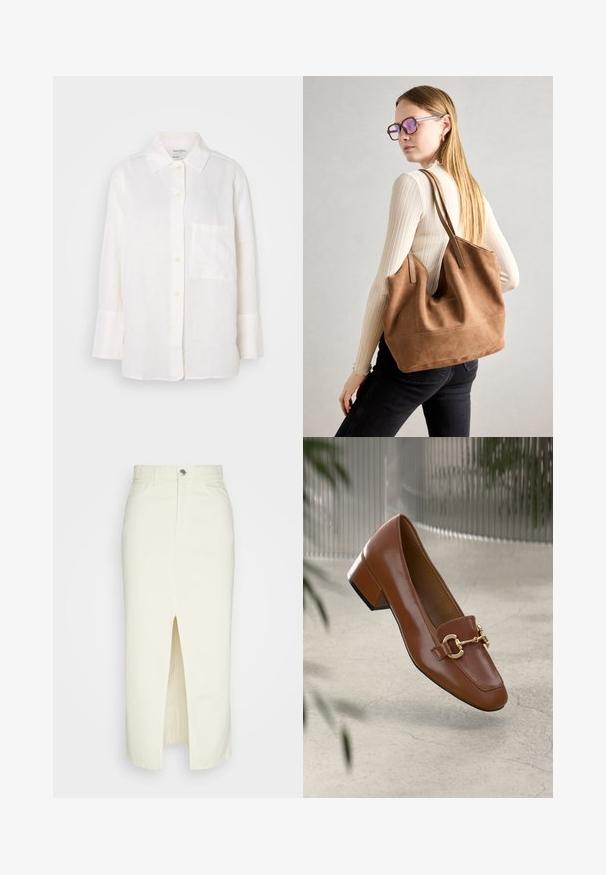 Hvit, langermet lin-skjorte med knapp-down krage. Har en frontlomme og en avslappet, litt oversized passform. Struktureret stoff.; Hvit denim midi-skjørt med frontsplitt, fem-lommers design og metallknapplukking. Glatt tekstur, høy midje, rett silhuett.; Brun lakkert skinn loafer med firkantet tå, metallkjedeakkent, og lav blokkheel; glatt tekstur, minimalistisk design.; Brun semsketotebag med myk tekstur, stor åpning og lange stropper. Har et enkelt design med synlig søm og uten maskinvare.