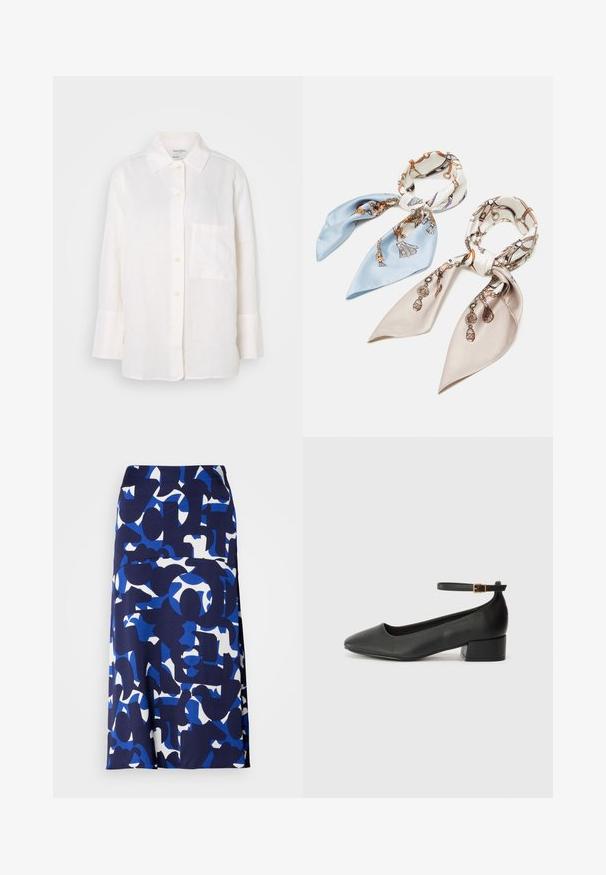 Cămașă albă din in, cu mânecă lungă și guler cu nasturi. Are un buzunar frontal și o croială relaxată, ușor supradimensionată. Material texturat.; O fustă până la genunchi realizată dintr-un material neted, având o bază bleumarin cu forme și modele abstracte îndrăznețe în nuanțe de albastru și alb.; Pantof cu toc negru din piele, cu vârf ascuțit și toc mic pătrat. Dispune de o curea la gleznă cu o cataramă în tonuri de aur. Textură netedă.; Anna Field 2 PACK - Eșarfă - blue/pink