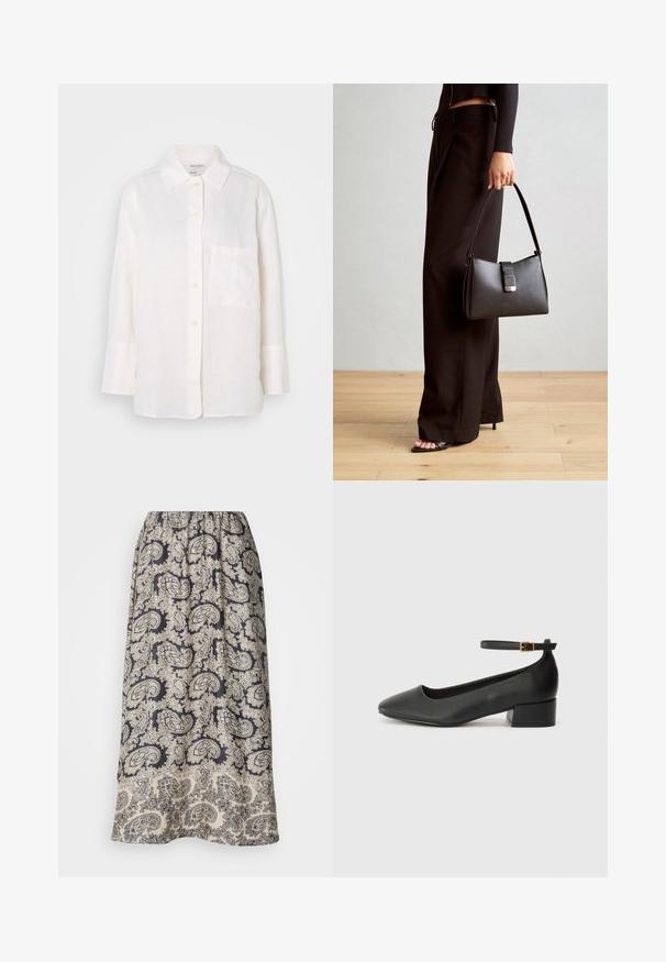Fehér, hosszú ujjú vászon ing, gombos gallérral. Elöl egy zseb található, valamint laza, enyhén oversized fazonú. Textúrált anyag.; Laza, rugalmas derékú szoknya, tengerészkék alappal, finom bézs paisley mintázattal és virágos részletekkel. Puha anyag, sima textúrával.; Fekete bőr magassarkú cipő hegyes orral és alacsony tömb sarkal. Bokapánttal rendelkezik, aranyszínű csattal. Simább textúra.; Fekete kézi táska strukturált formával, sima textúrával és fémből készült záródással. Széles fekete nadrággal és nyitott orrú szandállal párosítva, fából készült padlón.