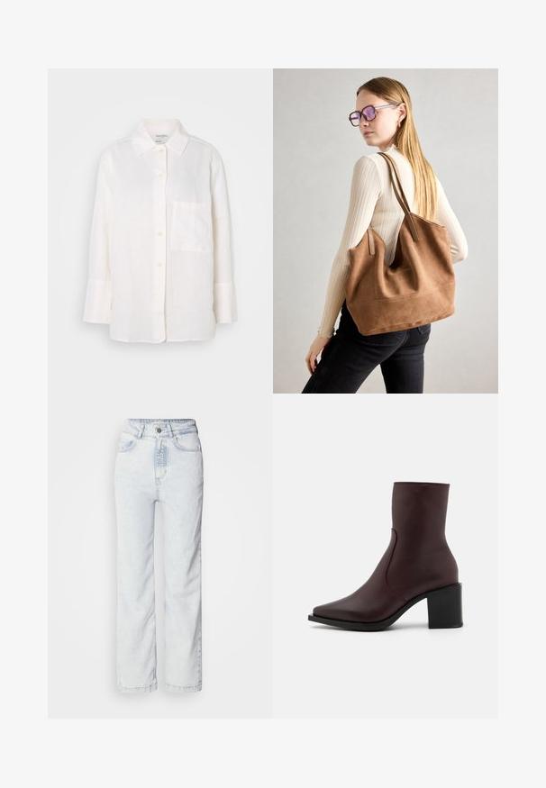 Cămașă albă din in, cu mânecă lungă și guler cu nasturi. Are un buzunar frontal și o croială relaxată, ușor supradimensionată. Material texturat.; Jeans ușor albastri, cu talie înaltă și croială dreaptă, din denim. Acestea au o închidere cu buton, un design cu cinci buzunare și o textură subtilă decolorată.; Zign LEATHER - Botine clasice - bordeaux; Geantă de umăr din suede maro, cu o textură moale, deschidere mare și curele lungi. Prezintă un design simplu, cu cusături vizibile și fără accesorii metalice.