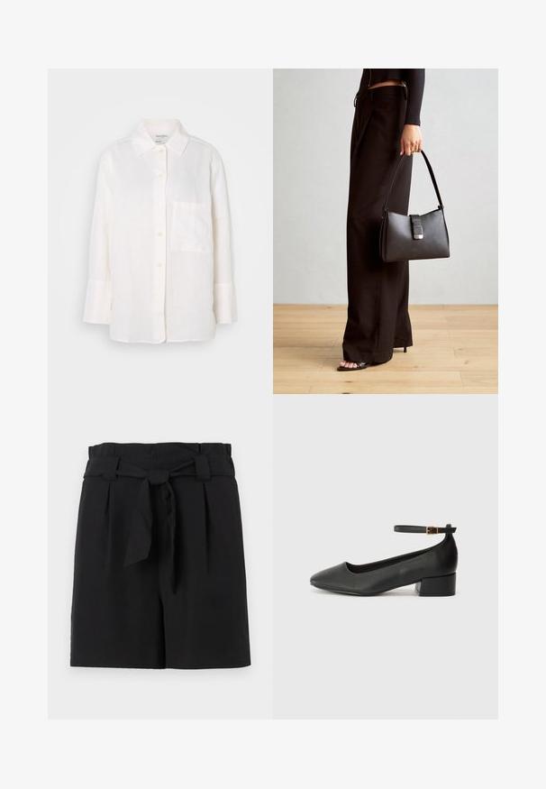 Balts, garām piedurknēm lina krekls ar pogām uz apkakles. Iekļauj priekšnējās kabatas un brīvu, nedaudz pārspīlētu siluetu. Strukturēts audums.; Melni piegriezti šorti ar augstu jostasvietu, ar sasaistes jostu, krokām un gludu auduma tekstūru.; Melnas ādas sūkņi ar smailu purngalu un zemu bloku papēdi. Iezīmēts ar potītes siksniņu ar zelta krāsas sprādzi. Gluda tekstūra.; Melnā somiņa ar strukturētu formu, gludu tekstūru un metālu sprādzi. Saskaņota ar platām melnām biksēm un sandālēm ar atvērtu purngalu uz koka grīdas.