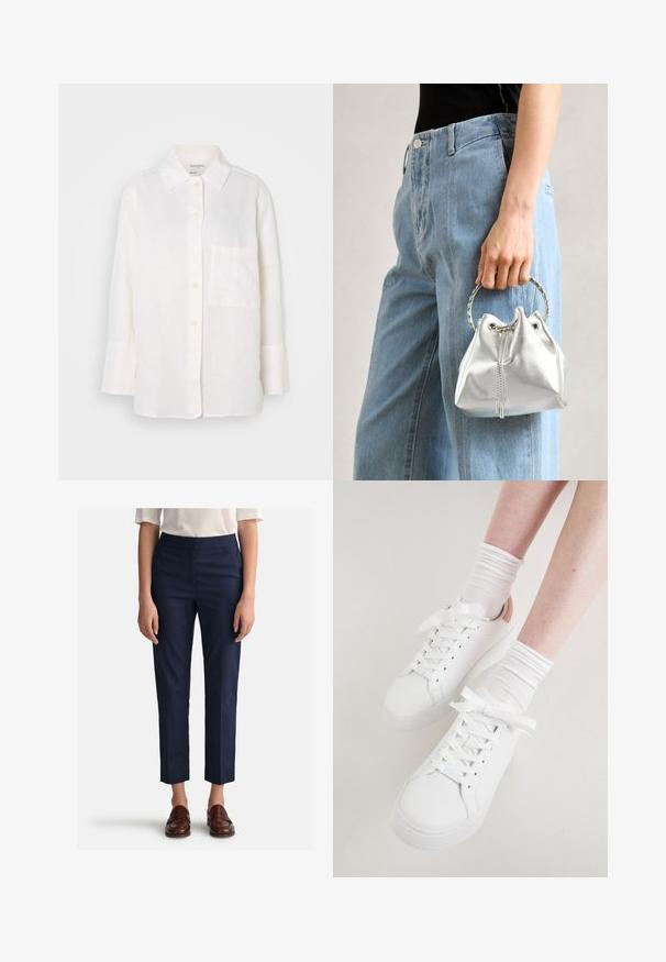 Hvit, langermet lin-skjorte med knapp-down krage. Har en frontlomme og en avslappet, litt oversized passform. Struktureret stoff.; Marine bukser med lige snit, lavet af glat stof, med flad front og sidelommer. Sat sammen med brune loafers.; Hvite lær sneakers har en rund tå, flat såle og tykke lisser. De har en lys rosa hel og er brukt med hvite ribbestrikkede sokker.; Sølvfarget metallic bøtteveske med tekstur, dekorert med et rundt sølvhåndtak og snøring, holdt mot lyseblå jeans.