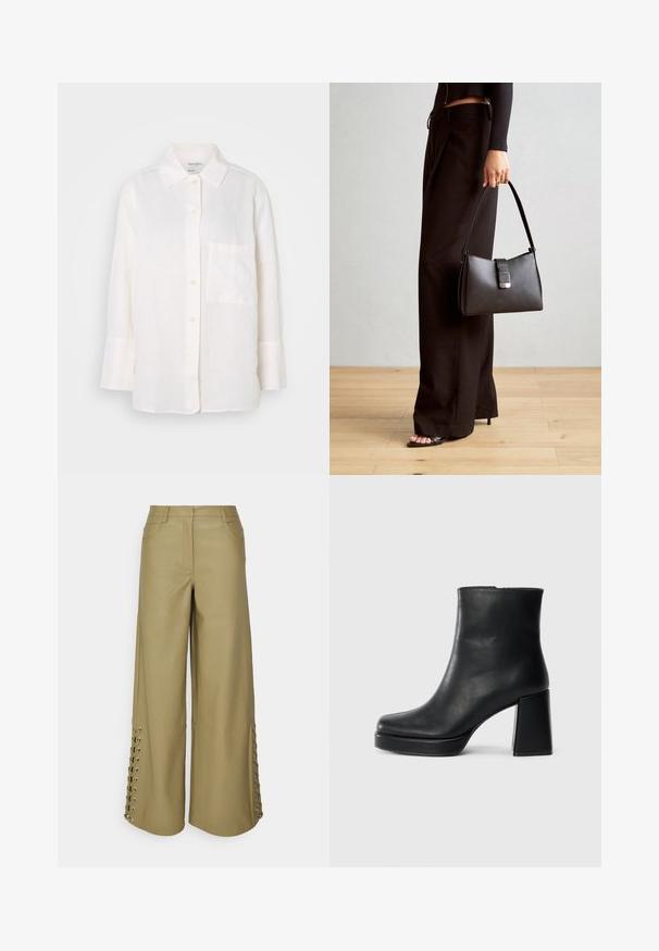 Weißes, langärmliges Leinenhemd mit einem Button-Down-Kragen. Verfügt über eine Brusttasche und eine entspannte, leicht übergroße Passform. Strukturierter Stoff.; Weite Hose aus olivgrünen Kunstleder mit Schnürdetails entlang der Seitennähte und Fronttaschen. Glatte Textur und taillierte Passform.; Schwarze Leder-Stiefelette mit Blockabsatz und Plattformsohle, seitlich auf einem schlichten weißen Hintergrund betrachtet.; Schwarze Handtasche mit strukturierter Form, glatter Textur und einem metallischen Verschluss. Kombiniert mit weiten schwarzen Hosen und offenen Sandalen auf einem Holzboden.