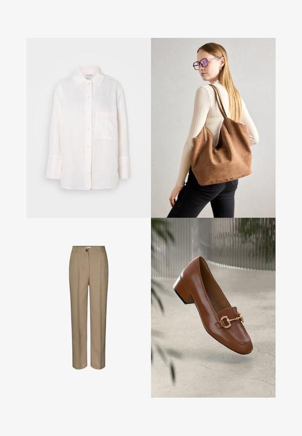 Balta, ilga rankovė liemenė su mygtukų apykakle. Turi priekinę kišenę ir laisvą, šiek tiek per didelį siluetą. Tekstūruotas audinys.; Šviesiai smėliniai pritaikyti kelnės su tiesiomis kojomis, turinčios vieną mygtuko užsegimą ir taisyklingus priekinio raukimo raukinius. Pagaminta iš lygaus audinio.; Rudi lakinės odos loafer'iai su kvadrato formos nosimi, metalinėmis grandinėlių detalėmis ir žemu blokiniu kulnu; sklandus tekstūra, minimalistinis dizainas.; Ruda zomšos rankinė su minkšta tekstūra, dideliu atidarymu ir ilgomis diržais. Pasižymi paprastu dizainu, matomomis siūlėmis ir be aksesuarų.
