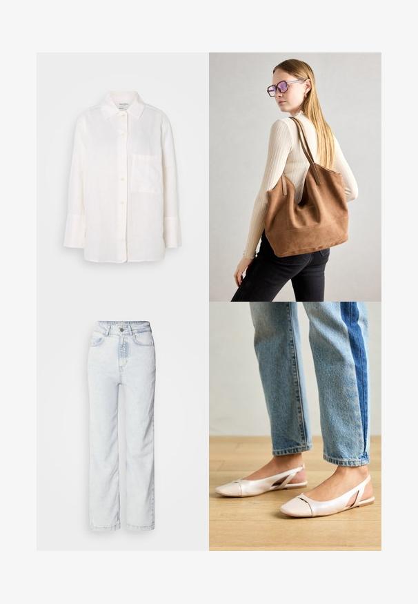 Balts, garām piedurknēm lina krekls ar pogām uz apkakles. Iekļauj priekšnējās kabatas un brīvu, nedaudz pārspīlētu siluetu. Strukturēts audums.; Gaiši zili augsto vidukli džinsi ar taisnu pēdu piegriezumu, izgatavoti no denima. Iespējas ietver pogu aizdari, piecu kabatu dizainu un maigu izbalējuma tekstūru.; Bālti rozā siksniņu dzīvokļi ar smailu purngalu, izgatavoti no gludas ādas līdzīgās materiāla. Iezīmē izgriezumu detaļas sānos un platu papēdi.; Burgundijas zamšs tote soma ar mīkstu tekstūru, plašu atveri un garām siksnām. Iezīmē vienkāršu dizainu ar redzamām šuvēm un bez aparatūras.