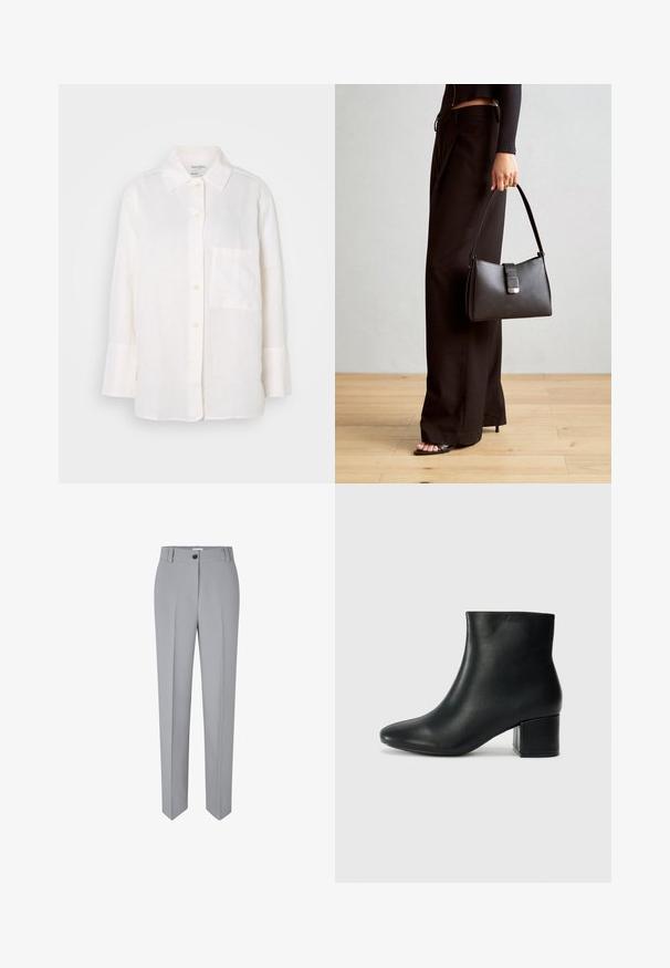 Hvit, langermet lin-skjorte med knapp-down krage. Har en frontlomme og en avslappet, litt oversized passform. Struktureret stoff.; Grå skreddersydde bukser med rett ben, laget av et glatt stoff. Har en frontlukking med knapp og to frontlommer.; Sorte skinn ankelsko med spiss tå og chunky hæl. Glatt tekstur med minimale detaljer og et elegant, tettsittende design.; Svart håndveske med strukturert form, jevn tekstur og metallisk lås. Kombinert med brede svarte bukser og sandaler med åpen tå på tregulv.
