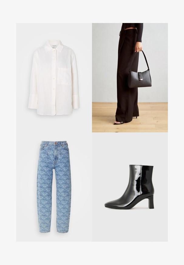 Balts, garām piedurknēm lina krekls ar pogām uz apkakles. Iekļauj priekšnējās kabatas un brīvu, nedaudz pārspīlētu siluetu. Strukturēts audums.; Gai zila vidukļa augstuma džinsi ar ģeometrisku rakstu, taisna kāju dizains, izšūšanas detaļas un vara toņu pogu akcenti.; Melnas patentētas ādas potīšu zābaki ar norādītu pirkstu un vidēja augstuma kvadrātveida papēdi. Gluda tekstūra un minimālisma dizains.; Melnā somiņa ar strukturētu formu, gludu tekstūru un metālu sprādzi. Saskaņota ar platām melnām biksēm un sandālēm ar atvērtu purngalu uz koka grīdas.