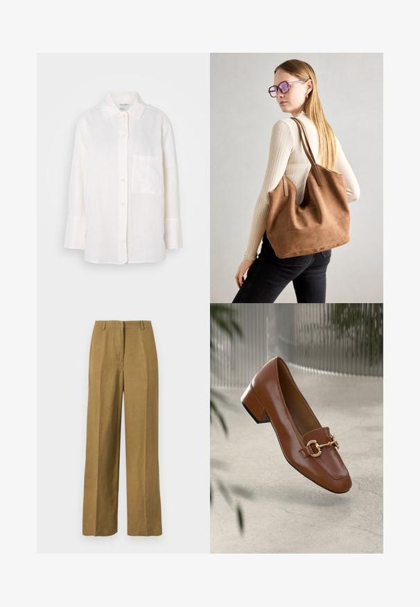 Balts, garām piedurknēm lina krekls ar pogām uz apkakles. Iekļauj priekšnējās kabatas un brīvu, nedaudz pārspīlētu siluetu. Strukturēts audums.; Khaki platās bikses, kas izgatavotas no viegla auduma, ar gludu tekstūru, priekšu krokām un klasisku jostas dizainu.; Brūni lakoti ādas loaferi ar kvadrātu purngalu, metālisku ķēdes akcentu un zemu blokveida papēdi; gluda tekstūra, minimālisma dizains.; Burgundijas zamšs tote soma ar mīkstu tekstūru, plašu atveri un garām siksnām. Iezīmē vienkāršu dizainu ar redzamām šuvēm un bez aparatūras.