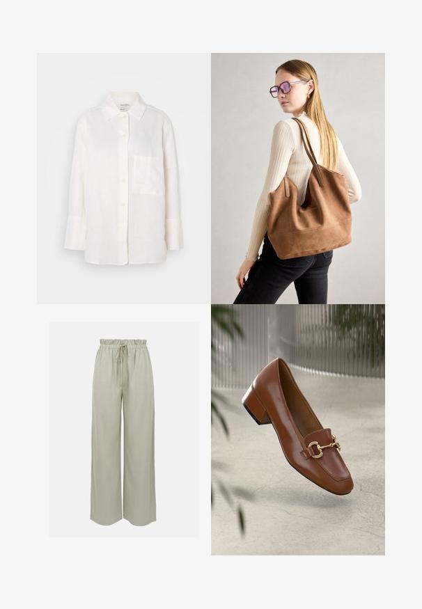 Λευκό, πουκάμισο από λινό ύφασμα με μακριά μανίκια και κολάρο με κουμπιά. Διαθέτει μπροστινή τσέπη και άνετη, ελαφρώς oversized εφαρμογή. Υφή υφάσματος.; Ανοιχτό γκρι παντελόνι με φαρδύ πόδι, φτιαγμένο από μαλακό ύφασμα. Διαθέτει ελαστική μέση με κορδόνι και λεία υφή. Χωρίς ορατά σχέδια.; Καφέ πατέντο δερμάτινα loafers με τετράγωνη μύτη, μεταλλική αλυσίδα ως διακόσμηση και χαμηλό μπλοκ τακούνι; λεία υφή, μινιμαλιστικός σχεδιασμός.; Καστανή σουέτ τσάντα ώμου με μαλακή υφή, μεγάλη άνοιγμα και μακριά λουριά. Διαθέτει απλό σχέδιο με ορατά ραψίματα και χωρίς μεταλλικά στοιχεία.