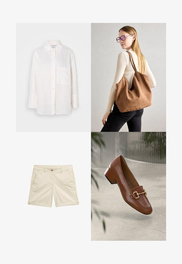 Balts, garām piedurknēm lina krekls ar pogām uz apkakles. Iekļauj priekšnējās kabatas un brīvu, nedaudz pārspīlētu siluetu. Strukturēts audums.; Bēgi šorti, kas izgatavoti no austas auduma, ar četrām kabatām, pogu aizdari un sarullētiem piedurknēm, nodrošinot glītu beigu izskatu.; Brūni lakoti ādas loaferi ar kvadrātu purngalu, metālisku ķēdes akcentu un zemu blokveida papēdi; gluda tekstūra, minimālisma dizains.; Burgundijas zamšs tote soma ar mīkstu tekstūru, plašu atveri un garām siksnām. Iezīmē vienkāršu dizainu ar redzamām šuvēm un bez aparatūras.