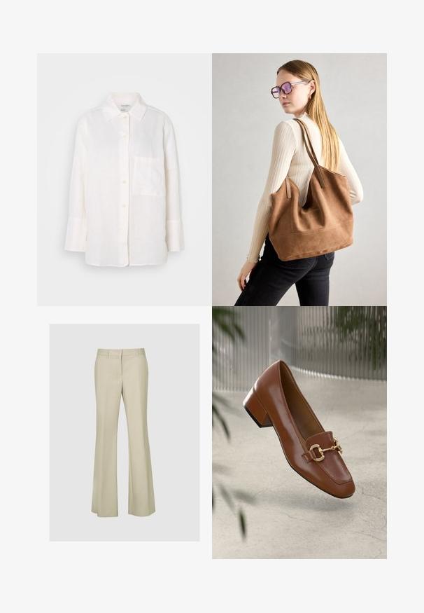Biała, długa lniana koszula z kołnierzykiem na guziki. Posiada przednią kieszeń oraz luźny, nieco oversize'owy krój. Teksturowana tkanina.; Beżowe spódnice w stylu dzwonów z gładkiego materiału, z średnim stanem, detalami szwów i bez widocznych elementów metalowych lub wzorów.; Brązowe lakierowane mokasyny z kwadratowym noskiem, metalowym łańcuszkiem i niskim blokowym obcasem; gładka faktura, minimalistyczny design.; Brązowa torebka typu tote wykonana z zamszu o miękkiej teksturze, z dużym otwarciem i długimi paskami. Charakteryzuje się prostym designem z widocznymi szwami i bez elementów metalowych.