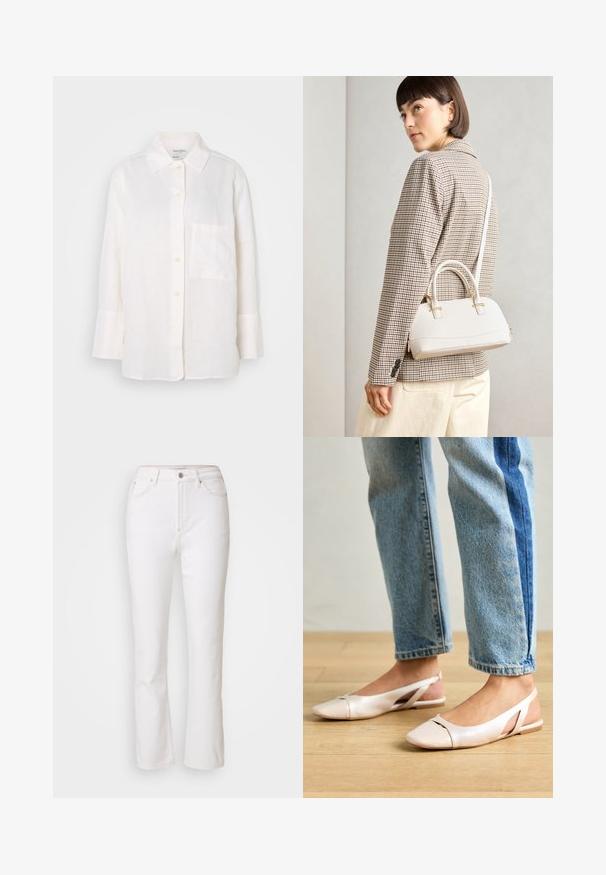 Valge, pika varrukaga linane särk, millel on nööpidega krae. Esiküljel on tasku ja see on lõdva, veidi ülepaisutatud istuvusega. Tekstuuriga kangas.; Valged denimist teksad sirge sääre disainiga, kõrge talje ja minimaalse õmblusdetailiga. Omavad metallist nööp Sulgemist ja eespooltaskuid.; Kahvatu roosa slingback lapikute jalatsite paar, millel on terav varvas, valmistatud siledast nahataolisest materjalist. Omab külgedel lõikekohti ja lapikut kontsa.; Valge struktureeritud käekott lühikeste käepidemete ja õlavööga, millel on kuldse riistvara aktsendid ja tekstuuriga materjal, eksponeeritud halli taustal.