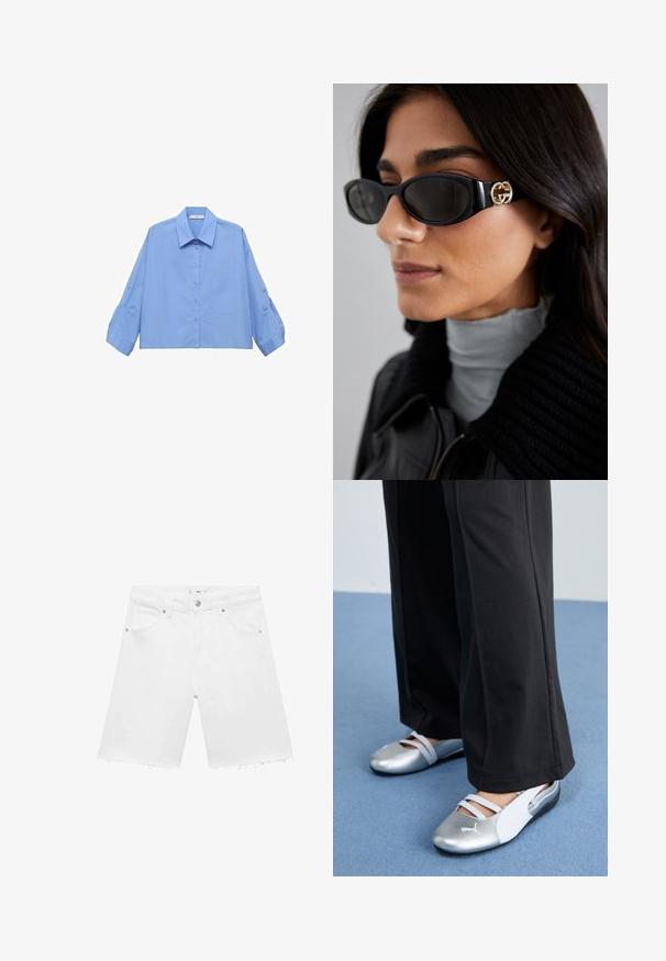 Lichtblauw cropped button-up shirt met een kraag, lange mouwen en een enkele borstzak. Gemaakt van zachte stof.; Witte denim shorts met gefranjerde zoom, vijf zakken, knoopsluiting en subtiele stikdetails aan de achterkant. Standaard snit en lichte stof.; Zilveren en witte platte schoenen met kruislingse banden en textuurdetails, aangevuld met losse zwarte broeken. Geplaatst tegen een blauwe vloer.; Zwarte zonnebril met een stijlvolle rechthoekige montuur en een gouden logo-accent aan de zijkant. Donkere lenzen en een glanzende afwerking zijn opvallend.; Rode leren schoudertas met een gebogen ontwerp, een gladde textuur en een ritssluiting. Het heeft een dunne hengsel om te dragen.