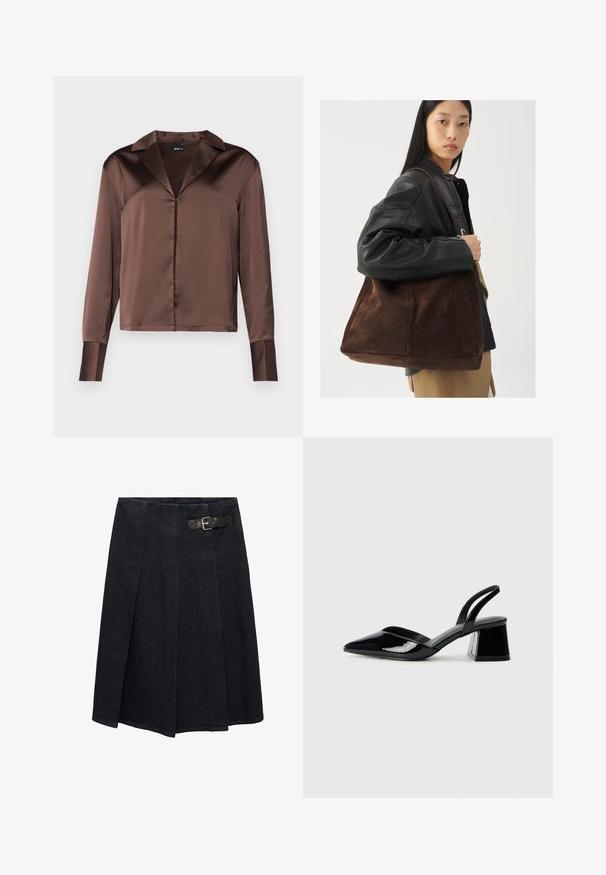 Hnědá saténová halenka s dlouhým rukávem a špičatým límečkem, vpředu na knoflíky, se strukturovanými manžetami a hladkým, lesklým povrchem.; Tmavě modrá džínová sukně s přiléhavým pasem, bočním detailem s přezkou, sklady v designu a mírně rozšířenou siluetou. Švy po celé délce.; Černé lakované kožené lodičky na pásku s špičatou špičkou a geometrickým blokovým podpatkem. Vyznačují se elegantním, minimalistickým designem a hladkým povrchem.; Hnědá semišová taška přes rameno s širokým tvarem a měkkou texturou, s jedním popruhem a minimálním kovovým doplňkem na neutrálním pozadí.