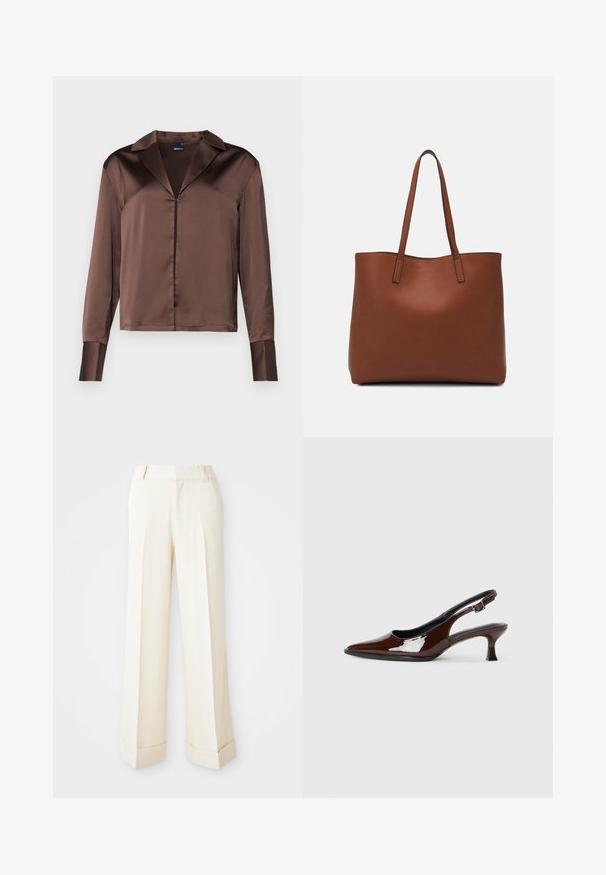 Καφέ σατέν μπλούζα με μακριά μανίκια και αιχμηρό γιακά, κλείσιμο με κουμπιά μπροστά και δομημένα μανίκια, με ομαλή, γυαλιστερή υφή.; Μπεζ παντελόνια σε φαρδιά γραμμή με απαλή υφή, μπροστινές πτυχές και διπλωμένα μανίκια. Διαθέτουν θηλιές ζώνης και κλείσιμο με φερμουάρ.; Καφέ πατωμένο δερμάτινο παπούτσι slingback με μυτερή μύτη και μέτριο τακούνι. Διαθέτει ιμάντα με αγκράφα για ασφαλή εφαρμογή. Λείο υλικό.; Καφέ δερμάτινη τσάντα tote με λεία υφή, ανοιχτό σχέδιο και δύο λουριά ώμου. Διαθέτει ελάχιστη ραφή και χωρίς ορατά μεταλλικά εξαρτήματα.