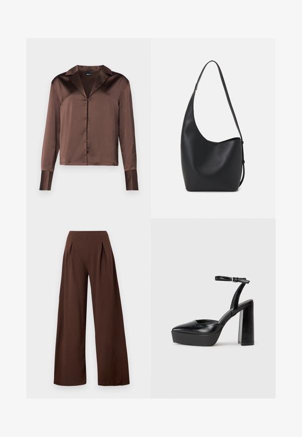 Brown satin long-sleeve blouse with a pointed collar, front button closure, and structured cuffs, featuring a smooth, glossy texture.; Wide-leg trousers in dark brown fabric, featuring a high waist, front pleats, and a smooth texture. Suitable for various occasions.; Black platform heels with a pointed toe and adjustable ankle strap. Constructed from smooth leather, featuring a chunky block heel.; Black leather hobo bag with a smooth texture, curved shape, and single adjustable strap; features a wide opening at the top.