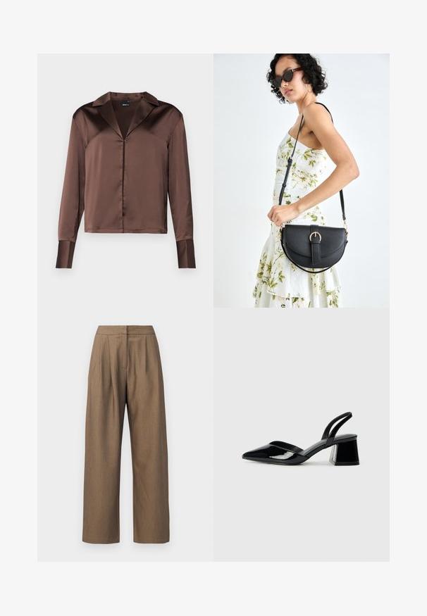 Ruda satino ilgos rankovės bluzonė su nukarusiaApykakle, priekyje su mygtukais ir struktūrizuotais rankogaliais, turinti glotnų, blizgantį paviršių.; Rudos, plačios kelnės su lygia tekstūra ir klostėtomis priekinėmis detalėmis. Siūtas juosmuo su švariu apdailos kraštu apačioje.; Juodos lakuotos odinės šlepetės su smailiu pirštu ir geometriniu bloko kulnu. Turi elegantišką, minimalistinį dizainą ir lygų paviršių.; Juodas odinis krepšys su išlenkta forma, nuimamu dirželiu ir auksiniais detalėmis. Krepšys turi kilpą su sagtimi.