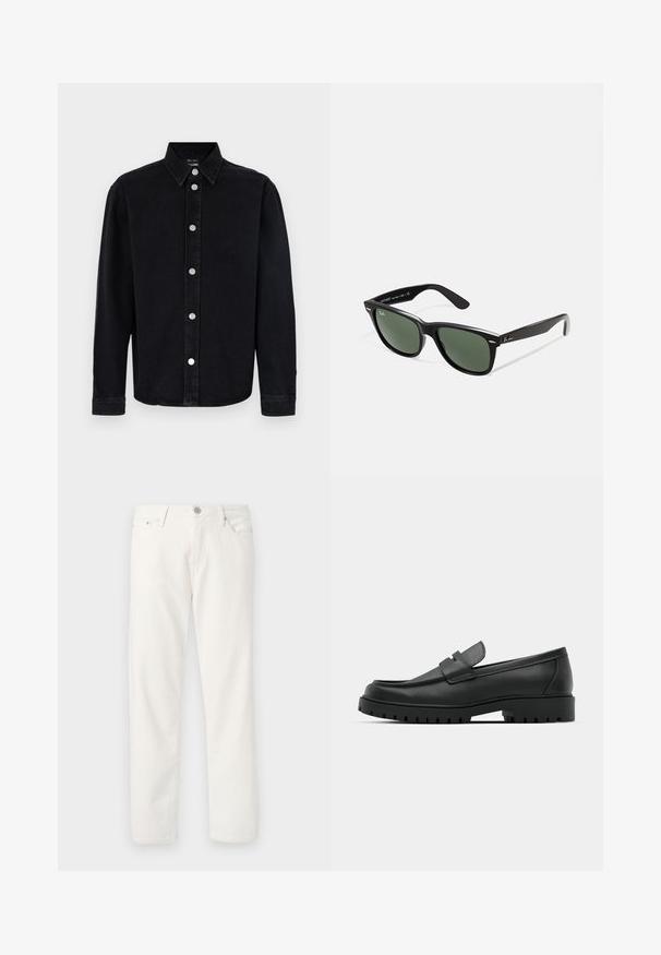 Sort denimskjorte med lange ærmer, knaplukning ved kraven og sølvhardware. Har en lige pasform og ensartet tekstur.; Hvide denimjeans med lige pasform, fem-lomme design, lynlås- og knaplukning samt en subtil struktur. Har bæltestropper og kontrastsyning.; Sorte læder loafers med rund tå, der har et syet design, lav platformssål og en struktureret, skridsikker gummisål.; Sorte plastiksolkaber med grønne linser, firkantede stel, sølvaccent på brynene og teksturerede templede arme. Angivet mærke på den indre arm.