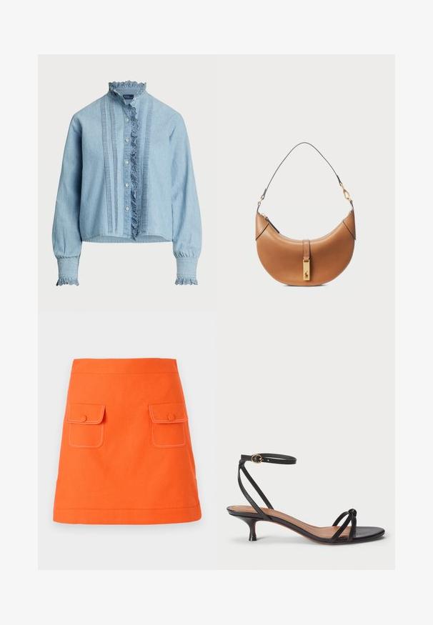 Svetlomodrá košela s gombíkmi vyrobená z jemnej bavlny. Má čipkovú ozdobu na golieri a na manžetách, s vertikálnymi plisovanými detailmi na prednej strane.; Oranžová bavlnená sukňa s dvoma prednými vreckami, zapínaním na gombíky a kontrastným bielym prešívaním. Sukňa v Á-čkovom strihu s definovaným pásom.; Polo Ralph Lauren LEATHER KITTEN-HEEL SANDAL - Klasické lodičky na opätku - black; Hnedá kožená kabelka s zakriveným tvarom, zlatými kovovými prvkami a tenkým ramenným popruhom. Obsahuje zipsové uzatváranie a detail s logom na prednej strane.