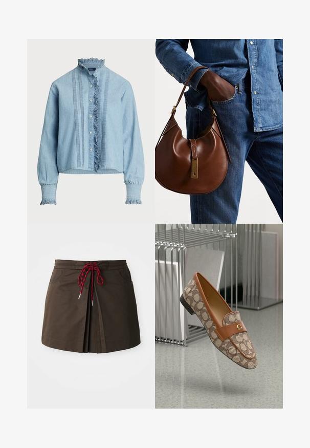 Lichtblauw overhemd met knopen, gemaakt van zachte katoen. Bevat kant-en-rand bij de kraag en manchetten, met verticale plooien aan de voorkant.; Bruine stoffen rok met een geplisseerd ontwerp, een rood en zwart trekkoord in de taille en twee voorzakken. Eenvoudige en functionele stijl.; Bruine gestreepte loafers met een tan leren band, voorzien van een gouden logo-accent en een lage zwarte hak tegen een minimalistische achtergrond.; Bruine leren hobo tas met een rondvorm, voorzien van een gouden hardwareaccent en contrasterende stiksels. Gecombineerd met een denim shirt en jeans.
