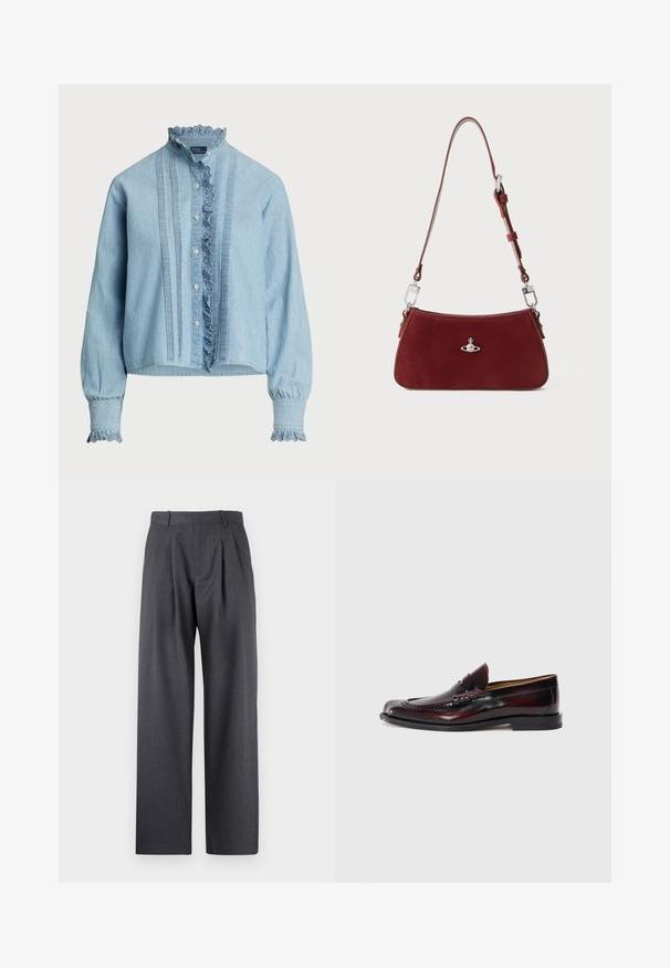 Svetlo modra srajca z gumbi, narejena iz mehkega bombaža. Ima čipkast rob na ovratniku in manšetam ter navpične naborke po sprednji strani.; Sive hlače z ravnim krojem, nagubanimi sprednjimi deli in teksturiranim zaključkom, z zankami za pas na pasu.; Temno burgundni usnjeni loafersi z dekorativnim šivom in dvignjenim ovratnikom, ki imajo gladko teksturo in nizko črno gumijasto podplat.; Rdeča semiš torba za rame s ukrivljeno obliko. Ima srebrno-tonski poudarjen detajl in nastavljiv trak z kovinskimi detajli. Gladka tekstura.