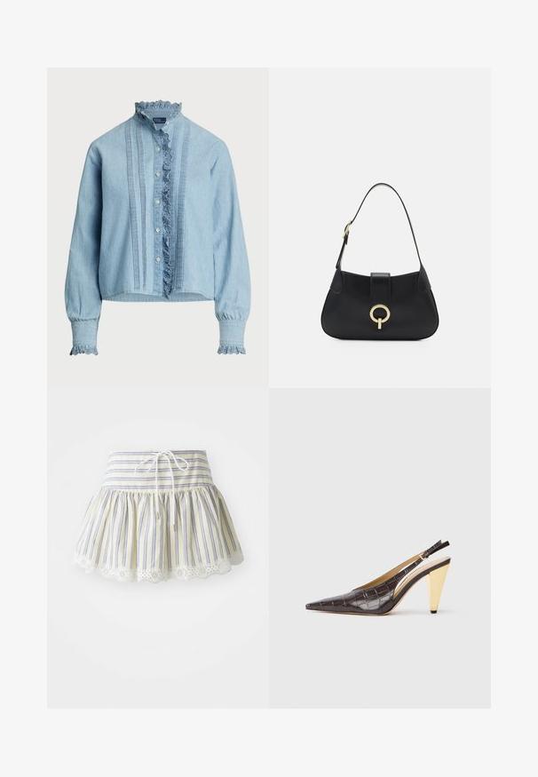 Világoskék gombos ing, puha pamutból készült. Csipkés díszítéssel a galléron és az ujjakon, az elején függőleges redők találhatók.; Sárga és kék csíkos szoknya, összegyűrt derékkal, húzózsinórral és csipkés szegéllyel. Pamut anyag.; Hegyes orrú slingback sarok sötétbarna, fényes mű krokodilbőrben. Aranyszínű geometrikus sarka és állítható bokapánt jellemzi.; Fekete bőr kézitáska ívelt sziluettel, rövid pánttal, középen aranyszínű hardware-rel és sima textúrával. Nincsenek látható minták vagy kiegészítők.