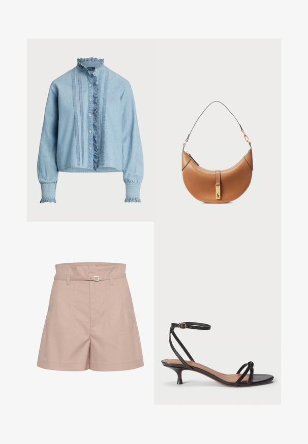 Světle modrá košile na knoflíky vyrobená z měkké bavlny. Obsahuje krajkovou ozdobu na límci a manžetách, s vertikálními sklady vpředu.; Světle růžové šité šortky vyrobené z texturované tkaniny, s širokým páskem, poutky na opasek a detaily stříbrné spony.; Polo Ralph Lauren LEATHER KITTEN-HEEL SANDAL - Klasické lodičky - black; Hnědá kožená kabelka s zakřiveným tvarem, zlatými detaily a tenkým ramenním popruhem. Obsahuje zipové uzavření a logo na přední straně.