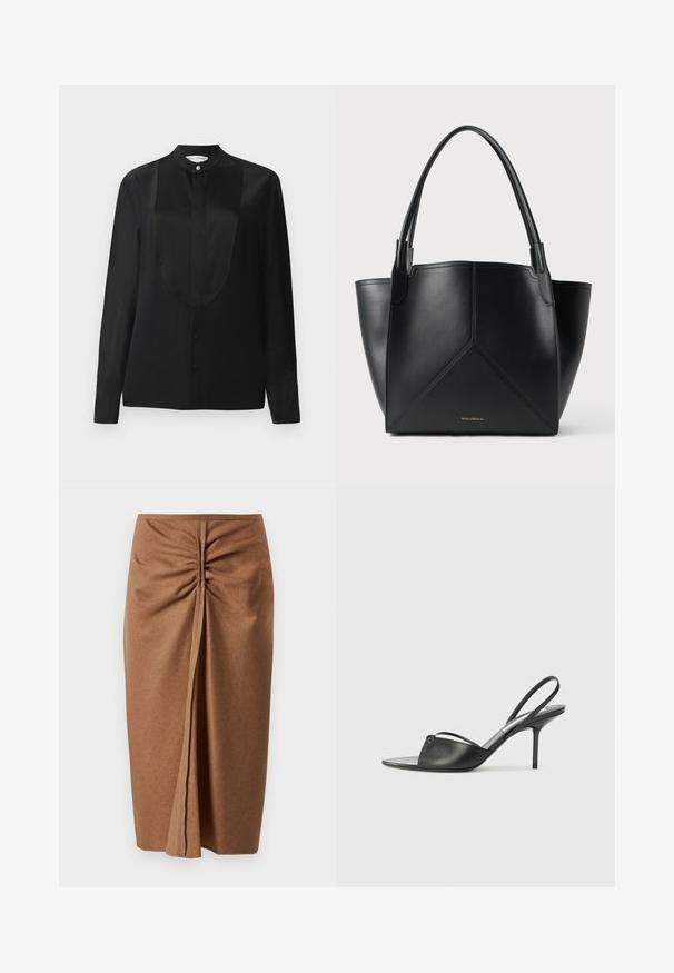 Cămașă neagră cu mâneci lungi dintr-un material neted, având un guler înalt, o bandă cu nasturi și un detaliu neted pe panoul frontal.; Fustă midi maro cu o textură moale, având plissare laterală și o fanta în față. Design simplu, cu o finisare netedă și fără aplicații.; Cizme cu toc înalt din piele neagră, cu vârf ascuțit, curea subțire la glezne și toc stiletto. Prezintă un detaliu legat pe vamp.; Geantă tote din piele neagră cu un design geometric, având două mânere și un logo auriu pe partea din față. Textură netedă și formă structurată.