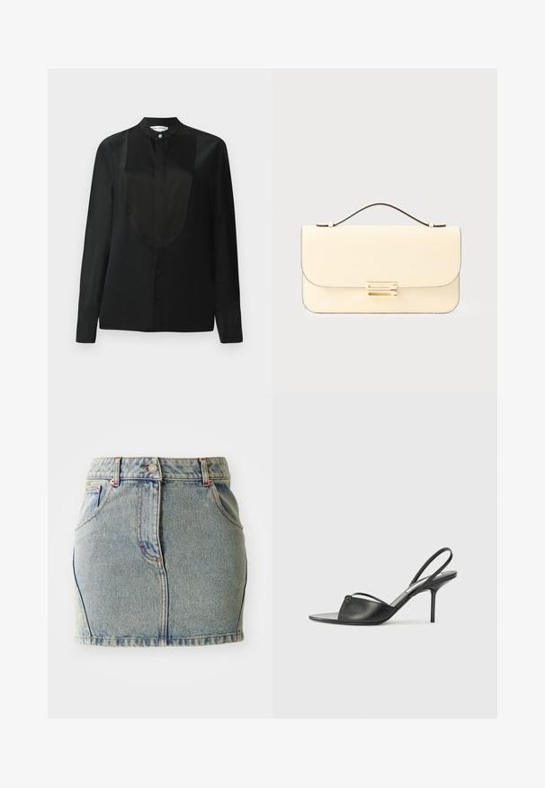 Črna srajca z dolgimi rokavi iz gladkega materiala, ki ima visok ovratnik, zapenjanje na gumbe in gladko panelno podrobnost po sprednji strani.; Denimska mini krila v svetlo modri barvi, z gumbom za zapiranje, petimi žepi in subtilnimi šivi, s pravim krojem in robom.; Črni usnjeni slingback petni čevlji z ostrim nosom, tankim zapestnim trakom in stiletto peto. Imajo zanko na površini.; Kremskobarvna usnjena torbica z zgornjim ročajem in zlatim pravokotnim zaponko na enobarvnem svetlem ozadju.