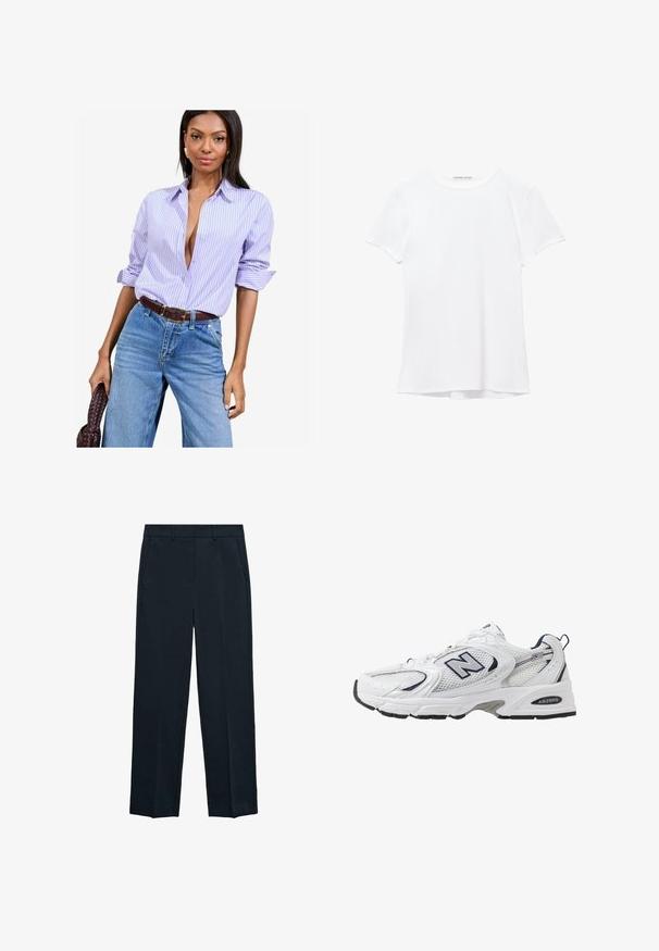 Lavendel en witte gestreepte button-up shirt met opgerolde mouwen, gedragen met hooggewaarde blauwe denim jeans en een bruine riem.; Witte short-sleeve t-shirt van gladde stof, met een ronde halslijn en subtiele stiksels bij de zoom.; Marineblauwe broek met een rechte pijp, een vlakke voorkant, twee zijzakken en een gladde textuur. Geen zichtbare patronen of accenten.; Witte sport schoen met mesh bovenkant, marineblauwe accenten en een gehoorzaamde zool. Bevat het "N" logo, veters en een gestructureerde detail aan de zijkant.