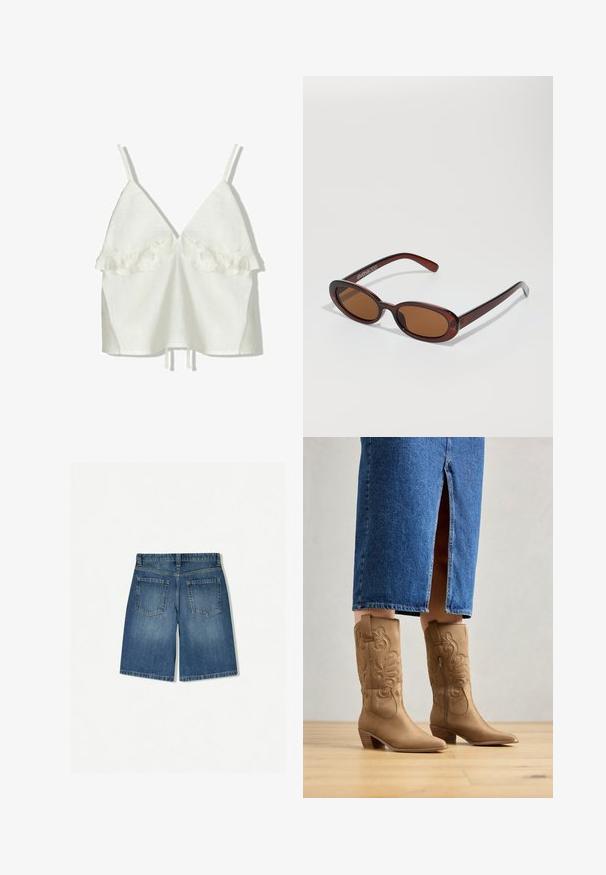 Biała lniana bluzka z regulowanymi ramiączkami i głębokim dekoltem w kształcie litery V. Posiada falbany przy biuście, luźny fason oraz ściągacz na dole.; Jeansowe szorty w średnim odcieniu niebieskiego o luźnym kroju, z dwiema kieszeniami z tyłu i prostym, czystym dołem. Klasyczny pięciokieszeniowy design.; Beżowe kowbojskie buty z ozdobnym haftem, szpiczastym noskiem i grubaśnym obcasem. Noszone z dżinsową spódnicą do kolan, która odsłania buty.; Okrągłe, brązowe okulary przeciwsłoneczne z błyszczącą bordową oprawą. Cienkie ramiona z subtelnym detalem marki. Płaski kształt soczewek.