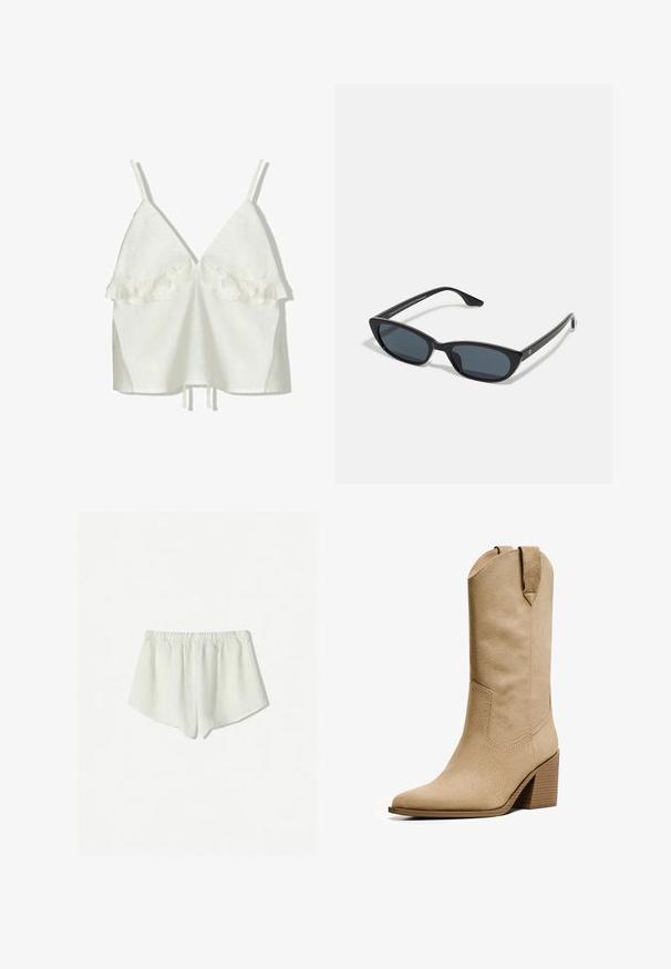 Witte linnen top met verstelbare bandjes en een diepe V-hals. Bevat gerimpelde accenten bij de buste, met een losse pasvorm en een trekkoord onderaan.; Witte linnen shorts met een elastische tailleband, met een losse pasvorm en een licht gebogen zoom aan de onderranden. Zachte, ademende textuur.; Bershka HIGH-HEEL - Cowboy-/Bikerlaarzen - beige; Zwarte cat-eye zonnebril met donkere lenzen, kunststof frame, slanke pootjes en subtiele branding op de binnenkant van de poot. Mat afgewerkte textuur.