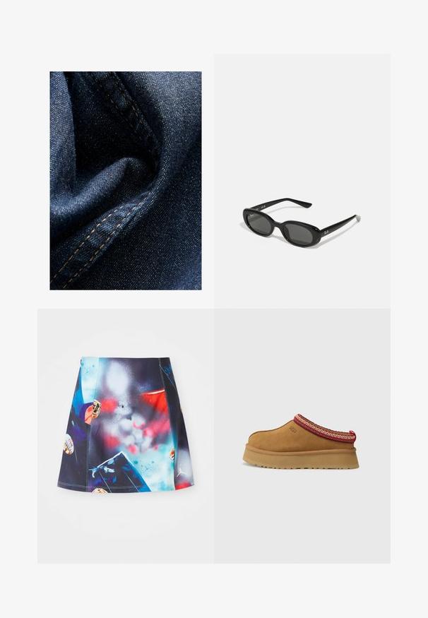 Tissu en denim bleu foncé avec une texture lisse, mettant en avant des coutures orange contrastantes et du matériau replié, soulignant sa profondeur et ses détails.; Jupe de sport courte et multicolore avec un design éclaboussé vibrant incluant des accents et des logos. Fabriquée en tissu léger et respirant.; Chaussure slip-on en daim marron avec un bord en rouge et crème à motifs, semelle texturée et logo UGG sur le côté. Présente une légère hauteur de plateforme.; Lunettes de soleil noires avec des verres ovales, monture en plastique brillant et branches fines. Présente le logo Ray-Ban en blanc sur le côté.; Sac à épaule en cuir rouge avec un design courbé, texture lisse et fermeture éclair. Il dispose d'une fine anse pour le porter.; NA-KD 2-PACK - Bracelet - gold-coloured