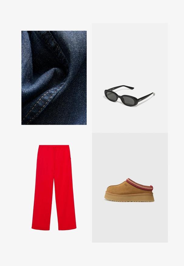 Tmavě modrá deninová látka s hladkým povrchem, která se vyznačuje kontrastním oranžovým šitím a přeloženým materiálem, čímž zdůrazňuje svou hloubku a detaily.; Červené široké tepláky vyrobené z měkké tkaniny, které mají elastický pas a šňůrku, s dvěma bočními kapsami pro pohodlí.; Hnědé semišové slip-on boty s červeným a krémovým vzorovaným lemem, texturovanou podrážkou a logem UGG po straně. Obsahují mírnou výšku platformy.; Černé sluneční brýle s oválnými objektivy, lesklý plastový rám a štíhlé nožičky. Na boku se nachází bílé logo Ray-Ban.; Červená kožená taška přes rameno s zakřiveným designem, hladkým povrchem a zipovým uzávěrem. Obsahuje tenkou rukojeť pro nošení.
