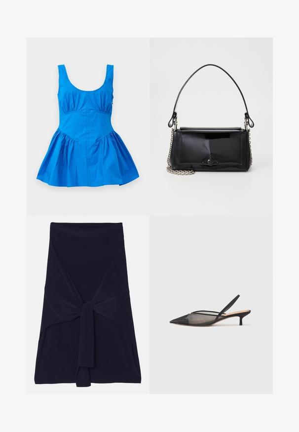Blue sleeveless dress with a scoop neckline and gathered details at the waist, featuring a flared skirt and smooth, lightweight fabric.; Navy blue wrap skirt made from soft, stretchable fabric with a knotted design at the front, featuring a smooth texture and tailored edges.; NEOUS IRENA - Classic heels - black; Black patent leather handbag with a rectangular shape, chain strap, and a distinctive hardware accent in the center. Smooth texture.