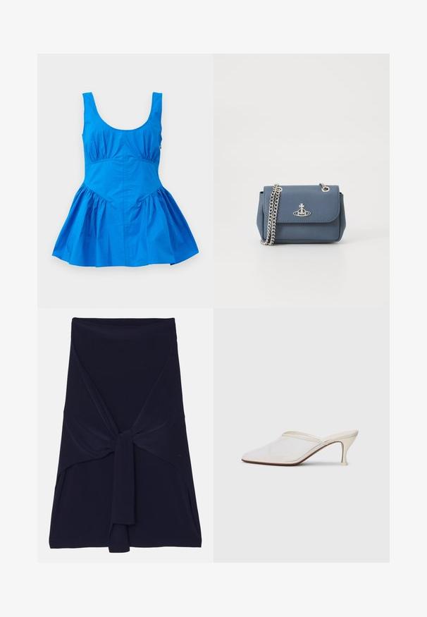Sinine ilma varrukateta kleit, millel on ümaralõikega kaelus ja kokkuvõetud detailid vöökohas, flared seeliku ja sileda, kerge kangaga.; Tumesinine mähkme seelik, mis on valmistatud pehmest, venivast kangast, millel on ees sõlmes kujundus, silmapaistva sileda tekstuuri ja täpselt viimistletud servadega.; Valge võrkmaterjalist teravatoa mulli king, millel on peen keskmise kõrgusega konts ja libisev disain, tühjal taustal.; Sinine tekstuuriga faux nahast käekott, millel on hõbedane ketirihm ja logo aktsent ees. Klambri sulgemine ja klapi disain.