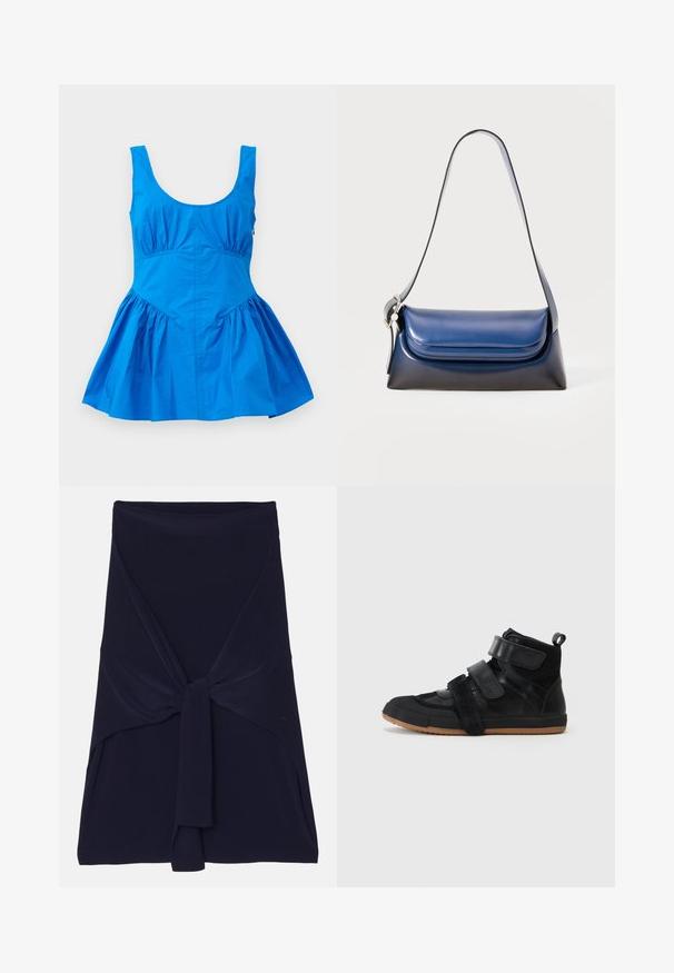 Abito blu senza maniche con scollatura a barchetta e dettagli arricciati in vita, caratterizzato da una gonna a campana e un tessuto leggero e liscio.; Gonna avvolgente blu navy realizzata in tessuto morbido e stretch, con un design annodato nella parte anteriore, caratterizzata da una texture liscia e bordi rifiniti.; Sneaker alte nere con un mix di pelle, rete e camoscio, dotate di cinturini regolabili in velcro e suola in gomma.; Borsa a mano in pelle blu navy con finitura liscia, caratterizzata da una forma rotonda, un bordo superiore pieghettato e una singola tracolla. Include accessori in metallo argentato.