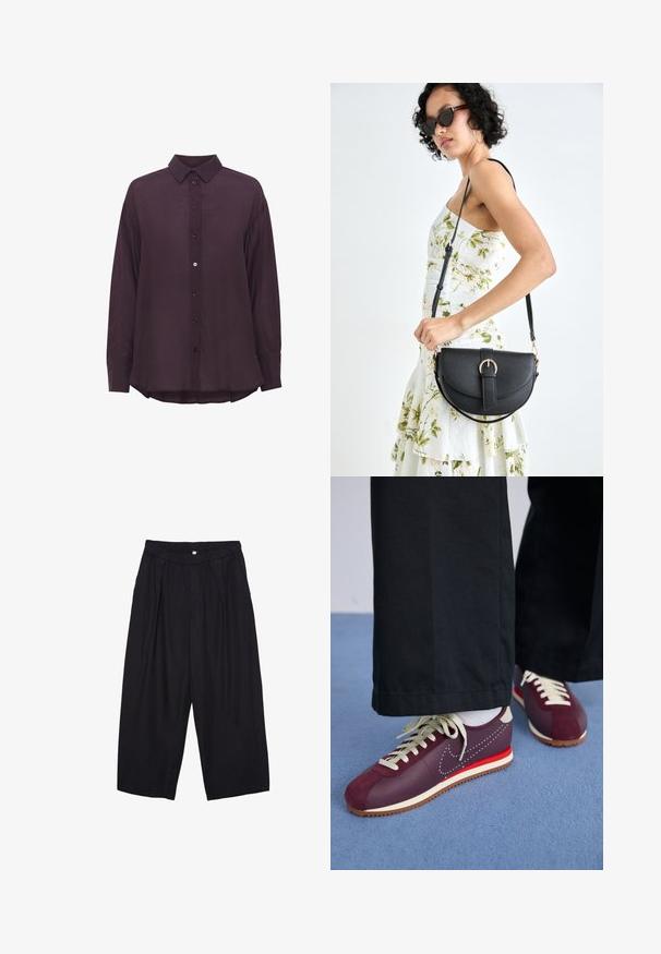 Dolga rukava, temno vijolična srajca z gumbi in koničastim ovratnikom, ki ima teksturirano tkanino in rahlo ukrivljen rob. Gumbi so v usklajeni barvi.; Črne poliesterske culotte hlače z elastičnim pasom, dvema sprednjima nabiranjema in ohlapnim krojem. Brez vidnih vzorcev ali kovinskih detajlov.; Bordo in smetana športni copati s kombinacijo semiša in gladkega materiala, ki vsebujejo kontrastni rdeč poudarek, bele vezalke in teksturiran podplat.; Črna usnjena torbica s ukrivljeno obliko, z odstranljivo naramnico in zlatimi dodatki. Torbica ima pokrov s podrobnostmi v obliki zaponke.