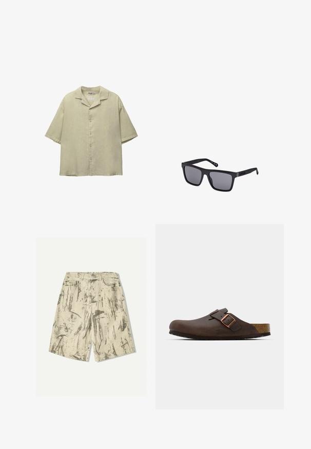 Svetlo zelena kratka majica z zavihkom, izdelana iz lanu, z ovratnikom, zapiranjem na gumbe in sproščenim krojem. Gladka, teksturirana tkanina.; Bež hlače iz denima z teksturiranim abstraktnim sivo-črnim dizajnom, opremljene z dvema sprednjima žepoma in klasičnim gumbom za zapiranje.; Rjavi usnjeni čevelj s širokim trakom in bakrenim zaponko, ki ima teksturirano korkovo notranjost in debel črn gumijast podplat.; Črne pravokotne sončne očala z temnimi lečami, mat finišem in logotipom na nosilcu. Oblikovanje vključuje ravne robove in debele okvirje.