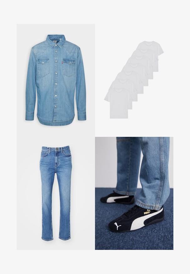 Šviesiai mėlyna džinsinė marškinė su ilgomis rankovėmis, smailiu apykakle ir dviem krūtinės kišenėmis. Rankenos su mygtukų uždarymu ir kreivu apdailos kraštu.; Baltos medvilninės marškinėliai, trumpomis rankovėmis, apvaliu kaklu, lygia tekstūra, sušluoti į eilę, su subtiliu prekės ženklu ant kaklo.; Šviesiai mėlynos džinsinės kelnės su tiesiu kirpimu, švelniu išblukimu, penkiomis kišenėmis, diržo kilpomis ir užtrauktuko uždarymu.; Juodi zomšiniai sportbačiai su baltais akcentais, puošti auksiniu logotipu. Dėvimi kartu su šviesiai mėlynomis džinsinėmis kelnėmis ir padėti ant tekstūrinio mėlyno paviršiaus.