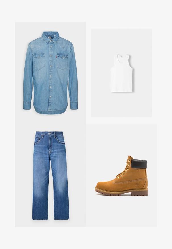 Svetlo modra denim srajca z dolgimi rokavi, s konicami ovratnika in dvema žepoma na prsih. Ima gumbno zapiranje in ukrivljen rob.; Bela bombažna majica brez rokavov z okroglo izrezom, širokimi naramnicami in ravnim robom, ki se ponaša z gladko teksturo in brez vidnih vzorcev.; Svijetloplavi traperice širokog kroja s pet džepova, prednjim kopčanjem na dugme i blagim izbljeđivanjem na prednjem dijelu.; Svetlo rjave anklne čizme iz semiša z črnim oblazinjenim ovratnikom, zlatimi kovinskimi očesci, belimi šivi in robustnim gumijastim podplatom s izrazitimi tredi.