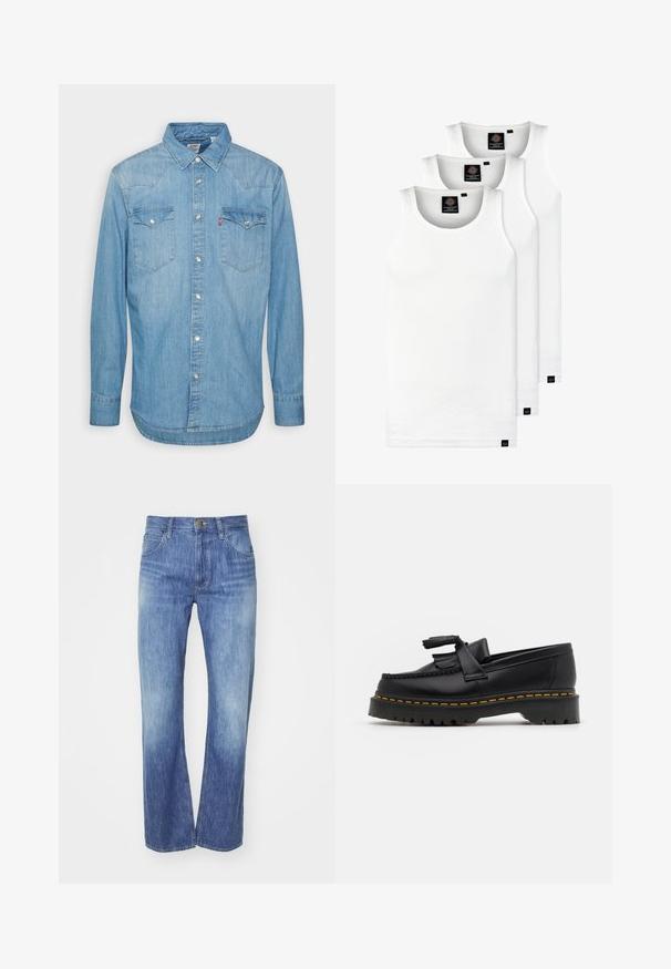 Světle modrá denimová košile s dlouhými rukávy, špičatým límcem a dvěma náprsními kapsami. Obsahuje zapínání na knoflíky a zakřivený lem.; Tři bílé žebrované tílka vyrobené z bavlny. Mají kulatý výstřih a malé černé štítky poblíž lemu. Dostupné v několika velikostech.; Světlé modré džíny s rovnými nohavicemi, lehce vybledlé, s pěti kapsami a s knoflíkovým zapínáním v pase.; Černé kožené mokasíny s třásněmi, se silnou černou podrážkou a žlutým prošíváním podél okraje. Texturovaný povrch.