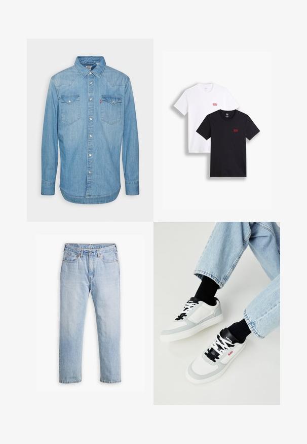 Hellblaues Denim-Hemd mit langen Ärmeln, spitzem Kragen und zwei Brusttaschen. Verfügt über eine Knopfverschlüsse und einen abgerundeten Saum.; Zwei kurzärmlige T-Shirts: eines in Weiß und eines in Schwarz. Beide aus Baumwolle mit einem roten Levi's-Logo auf der Brust. Einfaches Rundhals-Design.; Helle blaue Denim-Jeans mit geradem Bein, im Fünf-Taschen-Stil und kontrastierenden Nähten. Knopf- und Reißverschluss an der Taille.; Weiße und graue Sneaker mit schwarzen Akzenten, ausgestattet mit einem oberen Teil aus glattem Leder und Textil, abgerundetem Zehenbereich und Schnürverschluss.