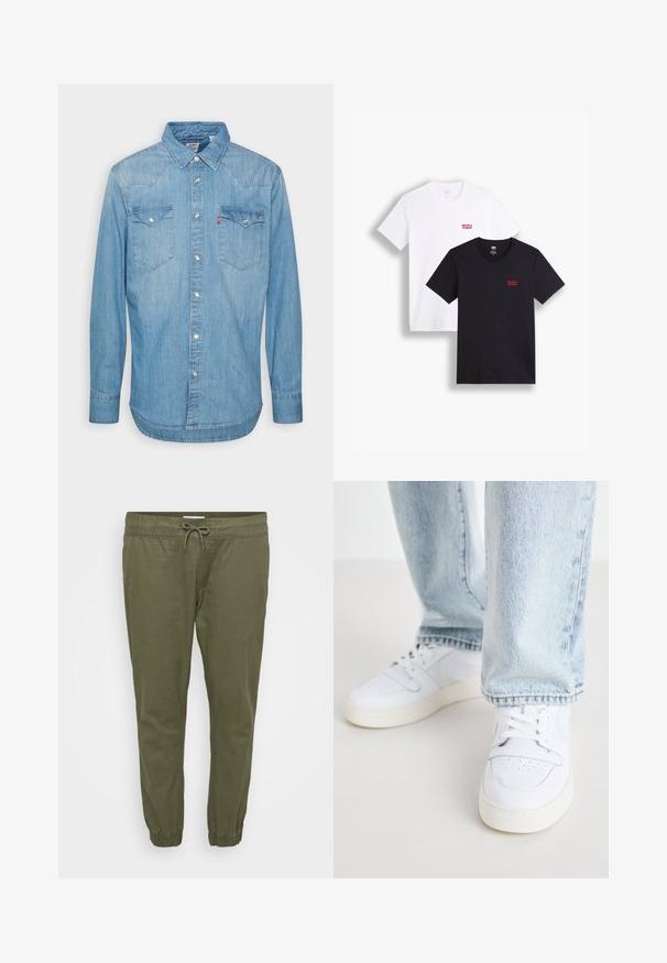 Light blue denim shirt with long sleeves, pointed collar, and two chest pockets. Features button closure and curved hem.; Two short-sleeve t-shirts: one white and one black. Both made of cotton with a red Levi's logo on the chest. Simple crew-neck design.; Olive green, lightweight tapered pants with an elastic waistband, adjustable drawstring, and elastic cuffs at the ankles. Smooth texture.; White leather low-top sneakers with perforated toe, flat laces, and minimalistic design. Paired with light blue denim jeans.