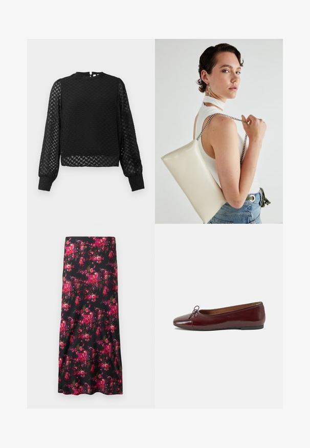 Must have mustar varrukatega särk, millel on tekstureeritud rästiku muster, kõrge kaelus ja läbipaistvad varrukad. Omab seljal võtmeaugu avamist ja sobivaid mansette.; Lille lille seel mustas, millel on erksad roosa ja punase õie muster. Sile kude, A-line vorm, lai äär.; Burgundi patendnahk kingad balletitüüpi, ümmarguse ninaosa, ees väike paelaaktsent ja madal must kummist tald. Sile tekstuur.; Valge ristkülikuline kotti, mis on valmistatud läikivast materjalist, hõbedase ahelsangaga. Mudel poseerib, tutvustades kotti ühtlase taustaga.